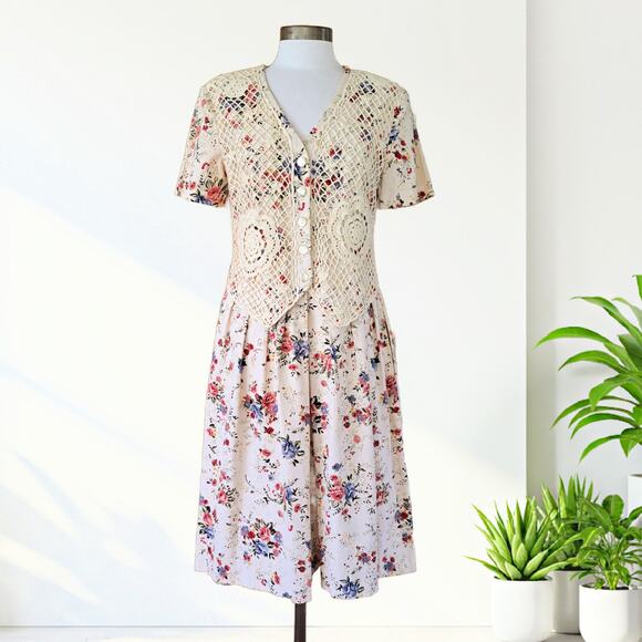 VINTAGE Lanz Floral Crochet Vest Midi Dress Sz 8 Cottagecore Cream Pink Linen - Picture 1 of 11